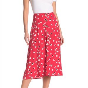 Lush red front button floral print midi skirt